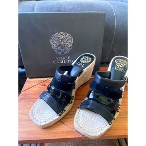 Vince‎ Camuto Espadrille Wedge Sandals Black Leather Straps Size 9M NWB